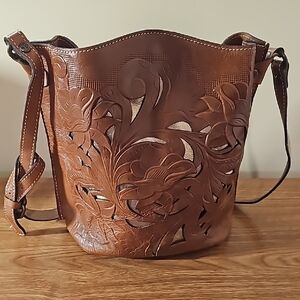Patricia Nash Brown Leather Floral Cutout Bucket Bag Crossbody or Shoulder